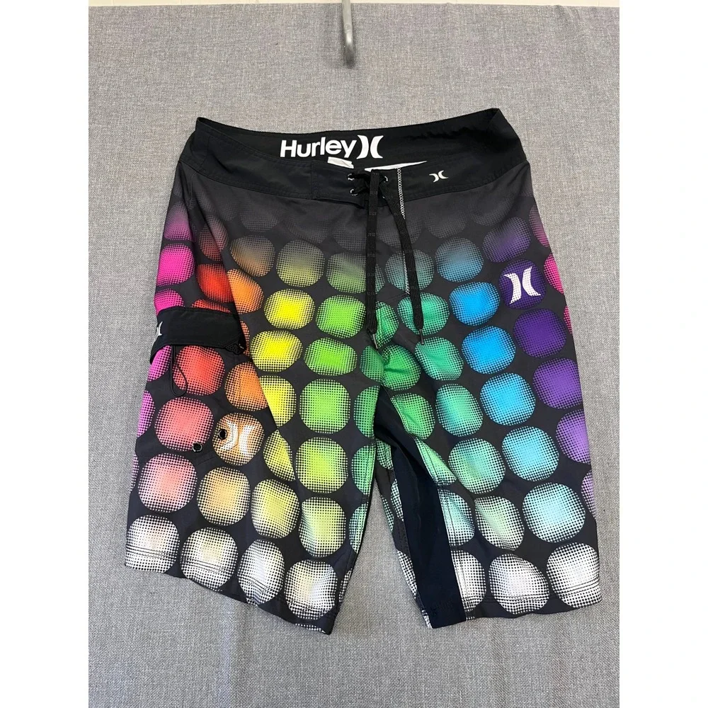 Hurley Mens Board Short Rainbow Polka Dot Black Swim Trunks Size 32 Cargo Pocket